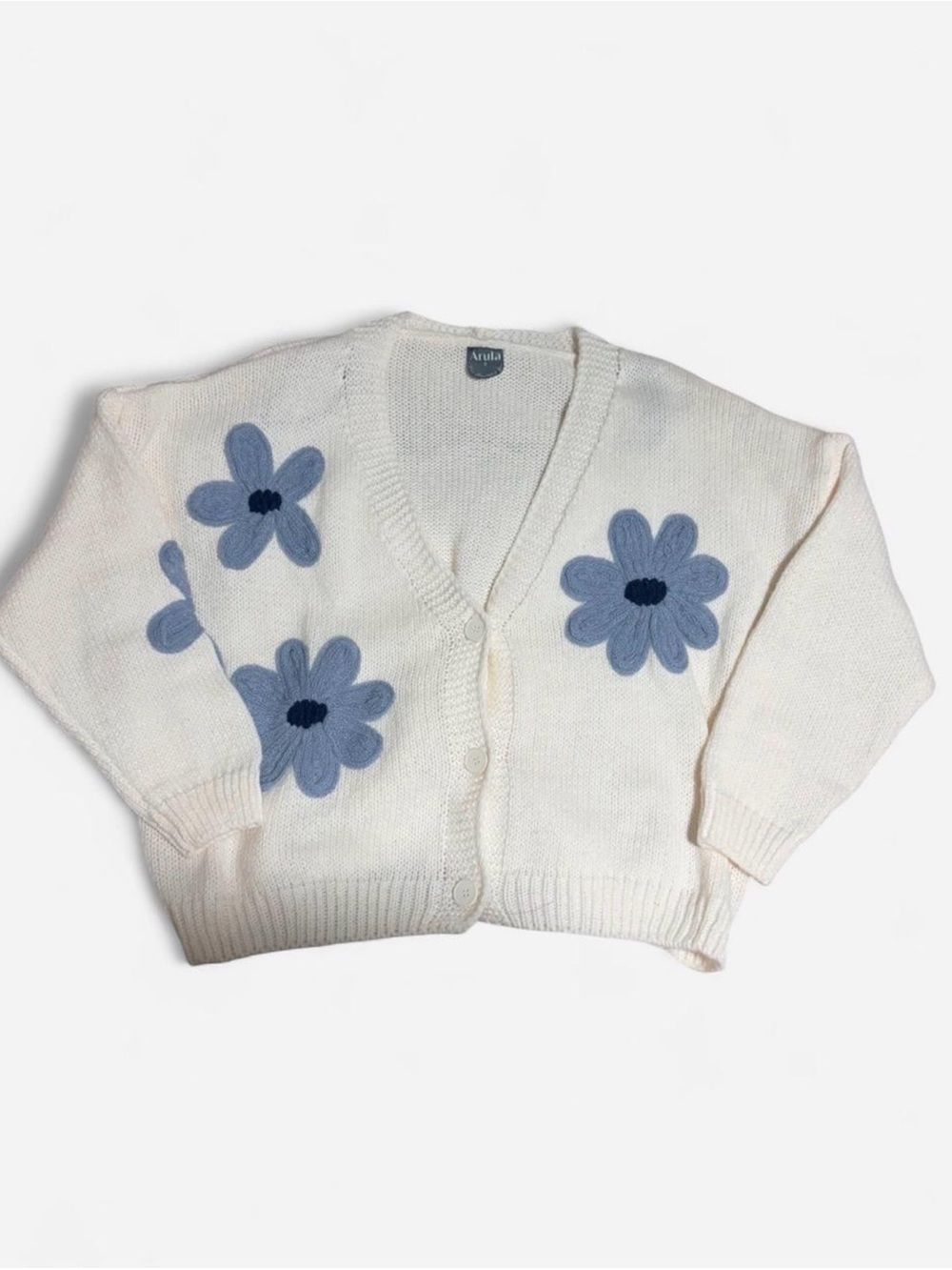 ARULA Cream Cardigan with Blue Floral Appliqués